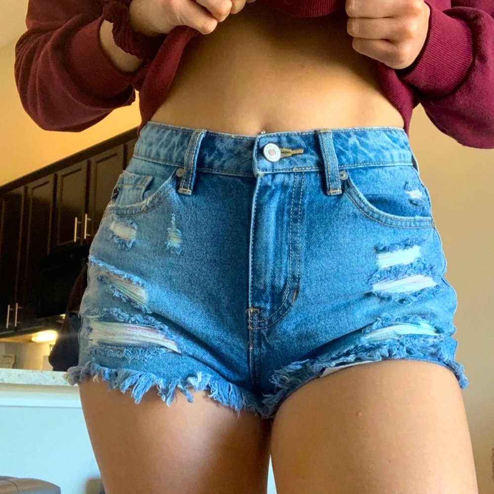 Distressed Blue Kancan Jean Shorts